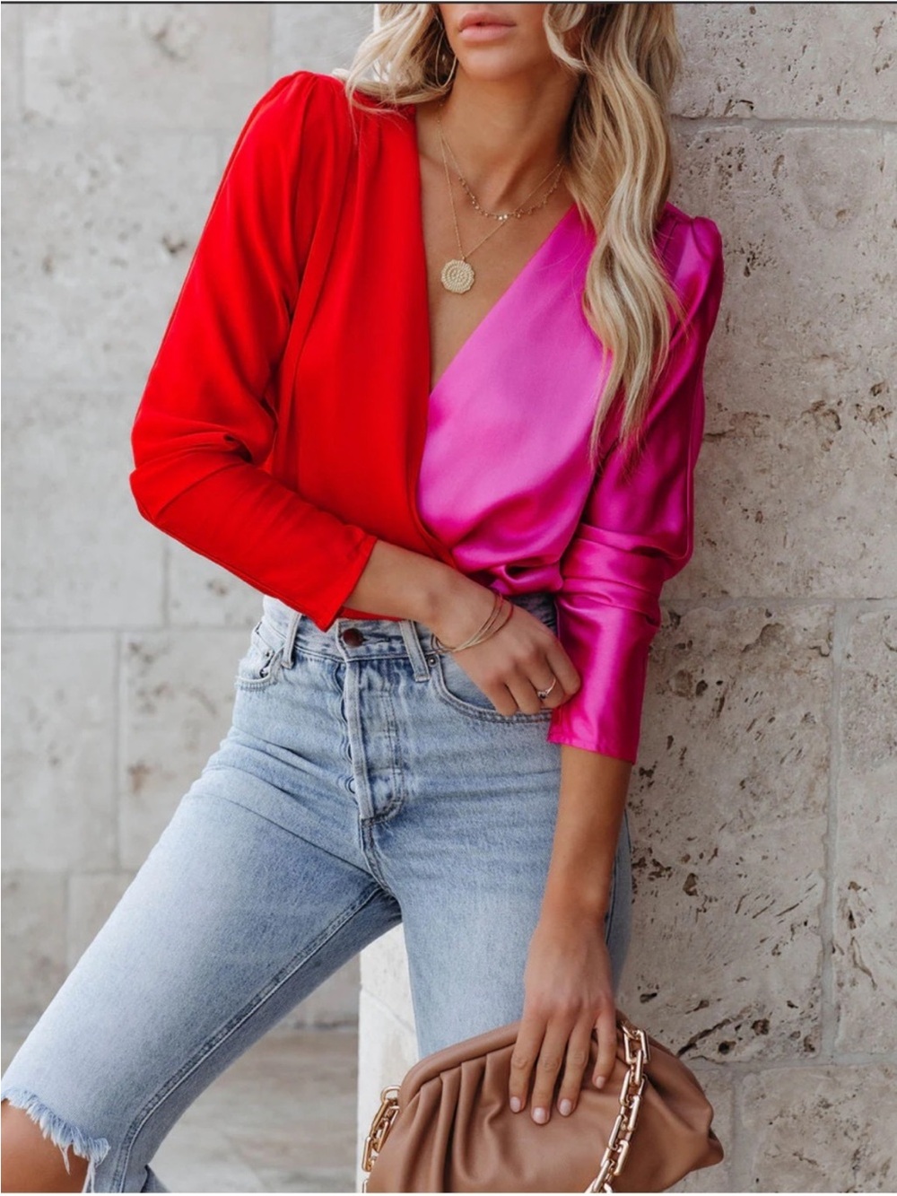 Zara Two-Tone Red and Fuchsia Satin Wrap Bodysuit